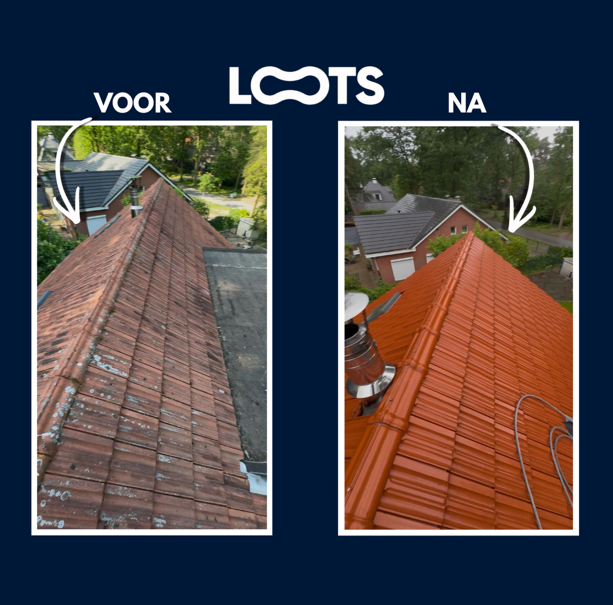 Dak voor en na reiniging door Loots Cleaning